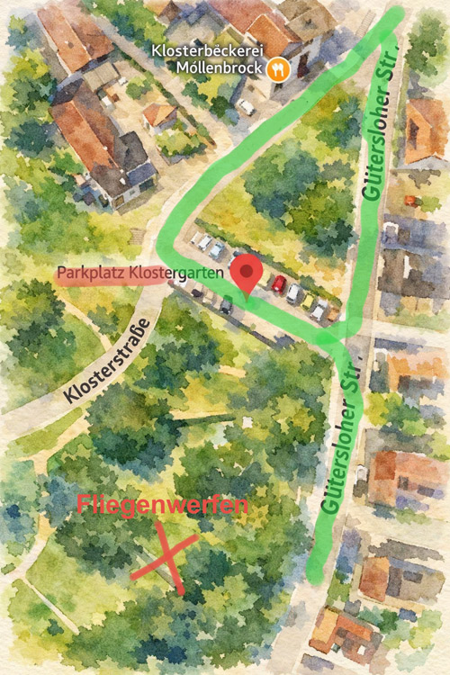 Anfahrtsskizze zum Klostergarten Herzebrock (Treffpunkt offene Wurfpraxis)
